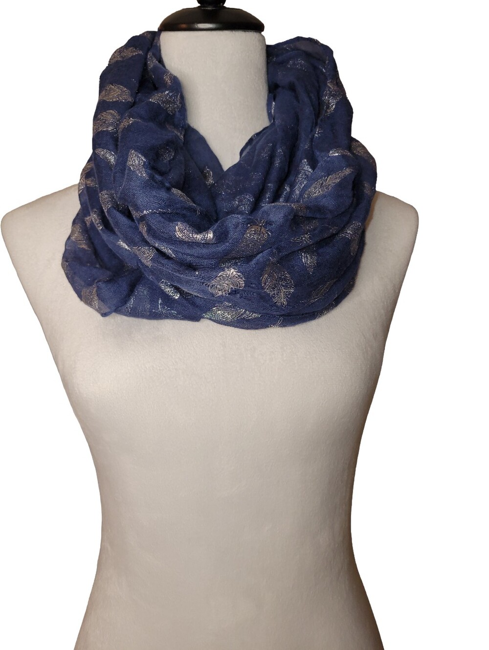 Navy Blue Silver Feather Print Infinity Scarf Loop